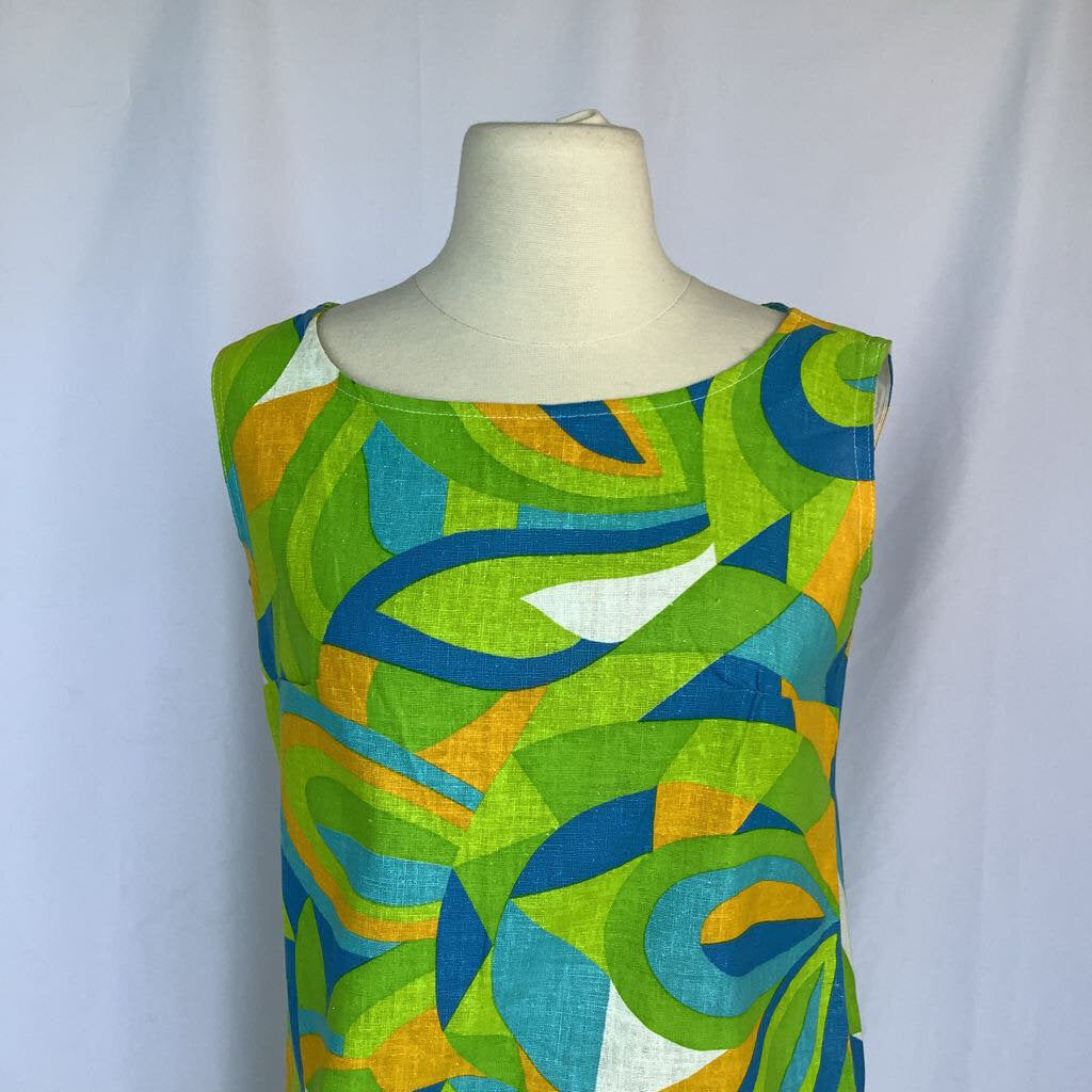 1960s Green and Blue Geometric Shift Dress