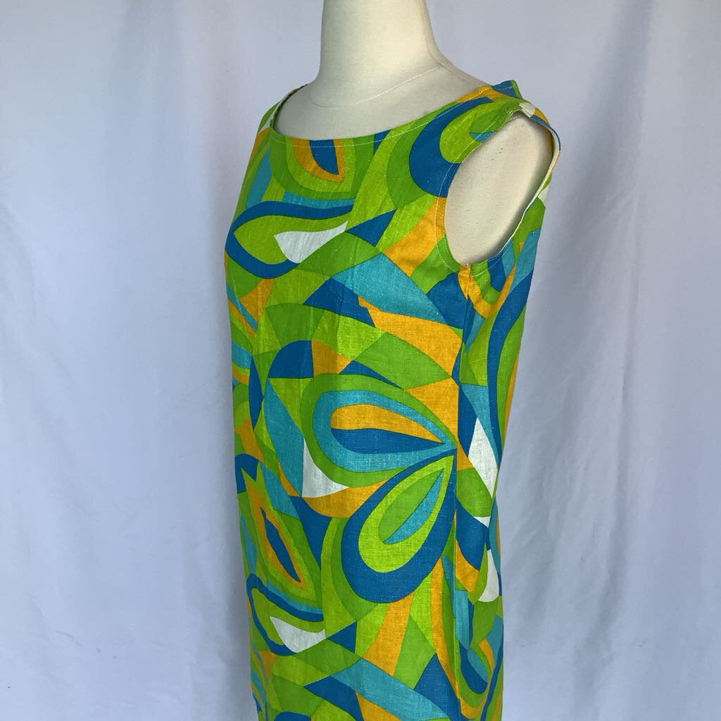 1960s Green and Blue Geometric Shift Dress
