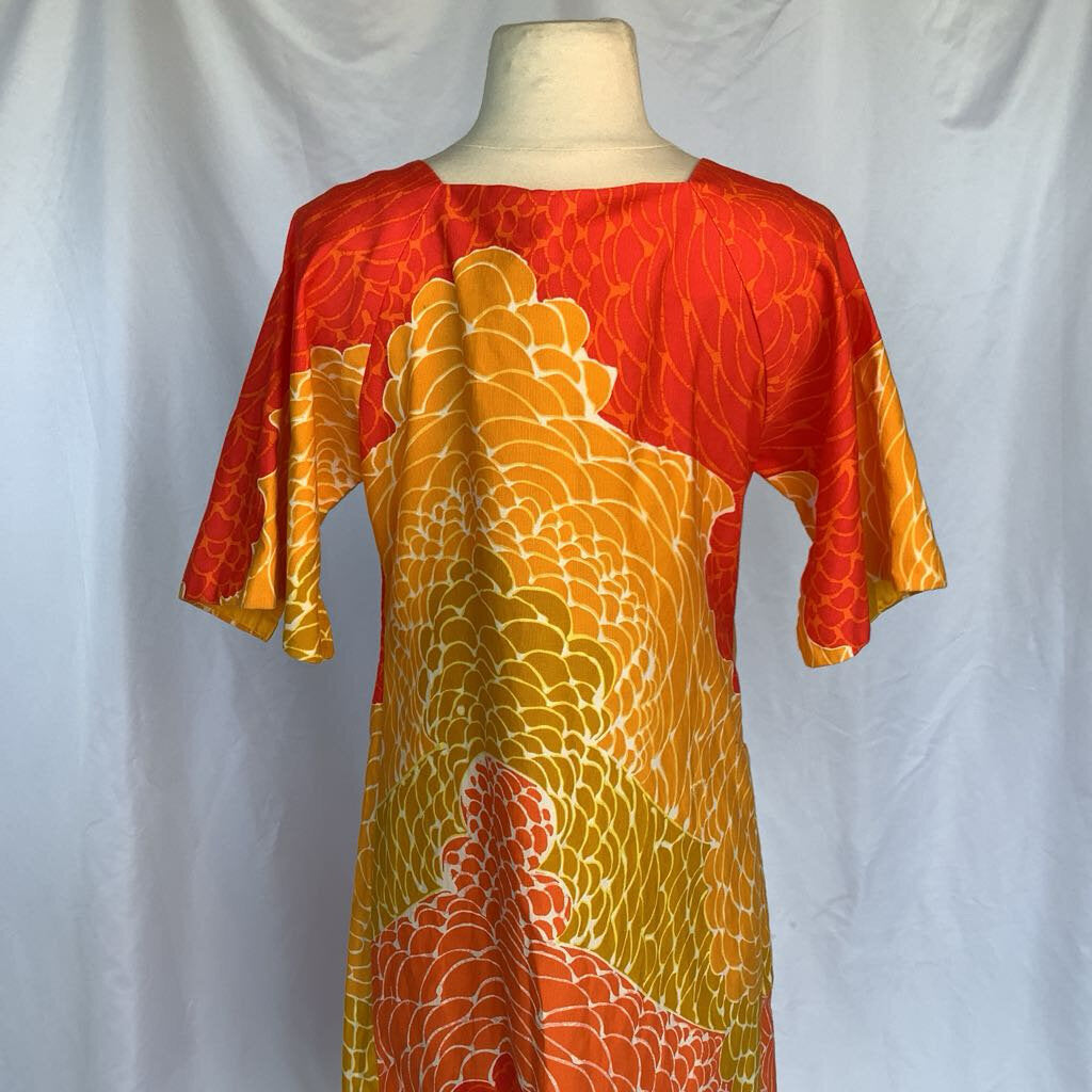 1960s Lord & Taylor Orange, Yellow & Olive Floral Duster Dress