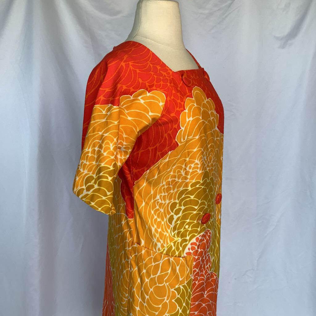 1960s Lord & Taylor Orange, Yellow & Olive Floral Duster Dress