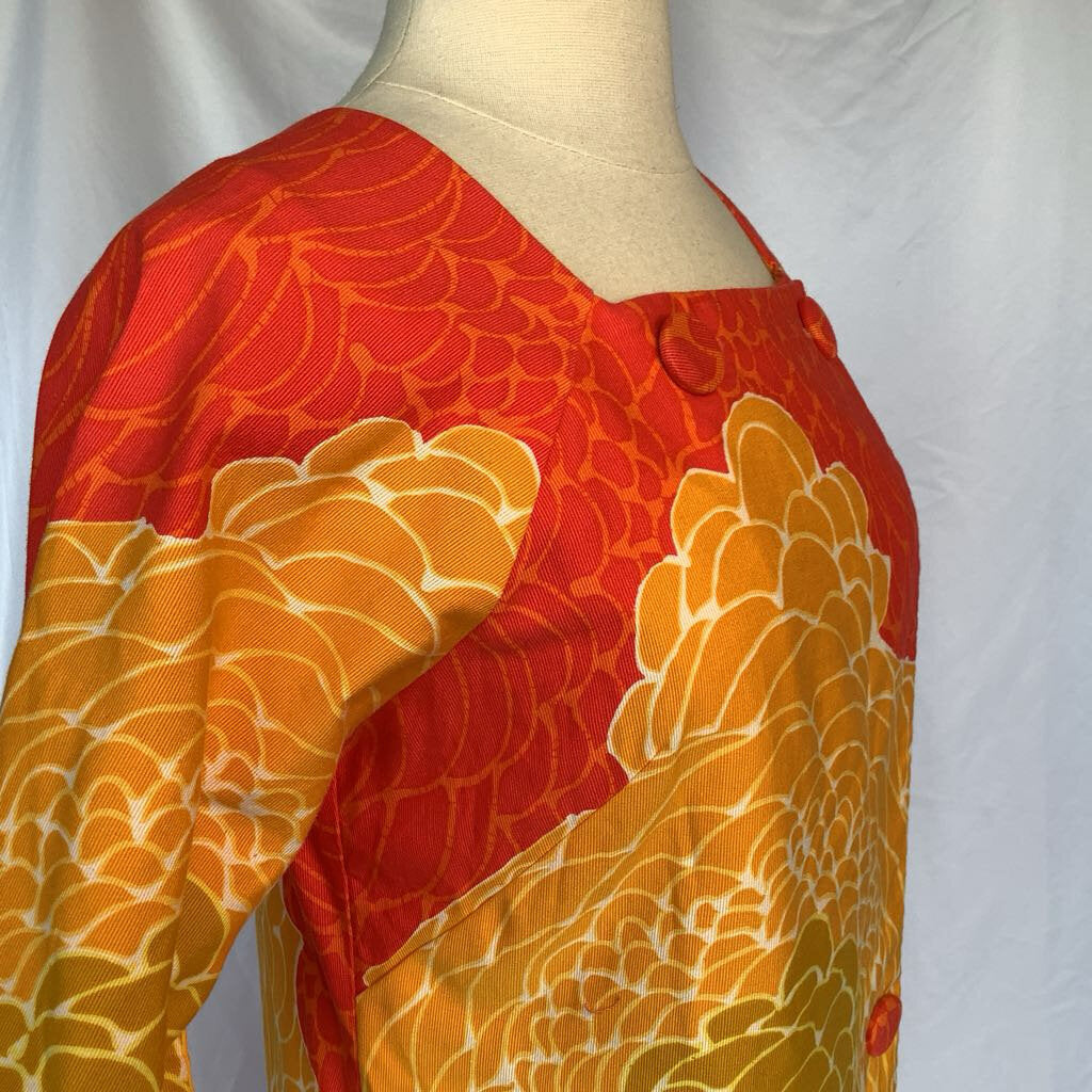 1960s Lord & Taylor Orange, Yellow & Olive Floral Duster Dress