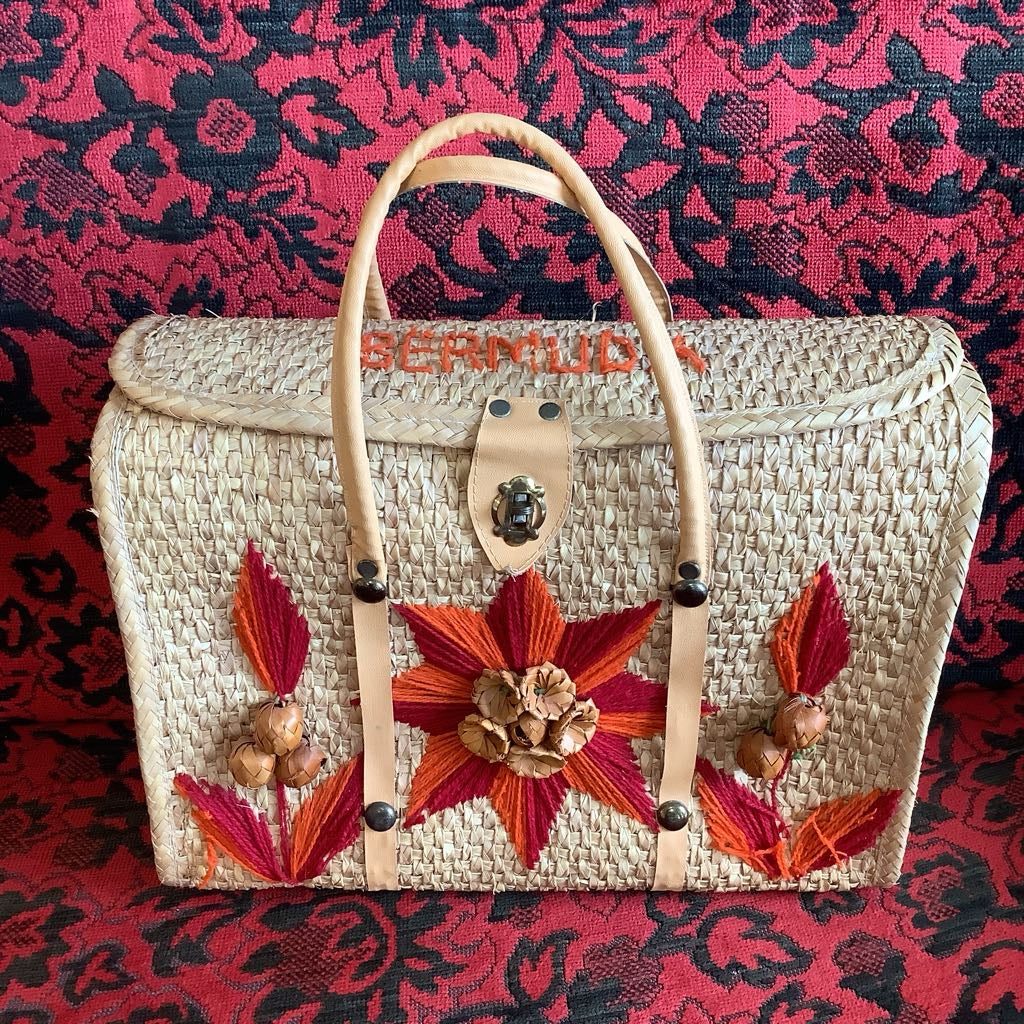 Amazing Vintage Large Straw Bag w Embellishment