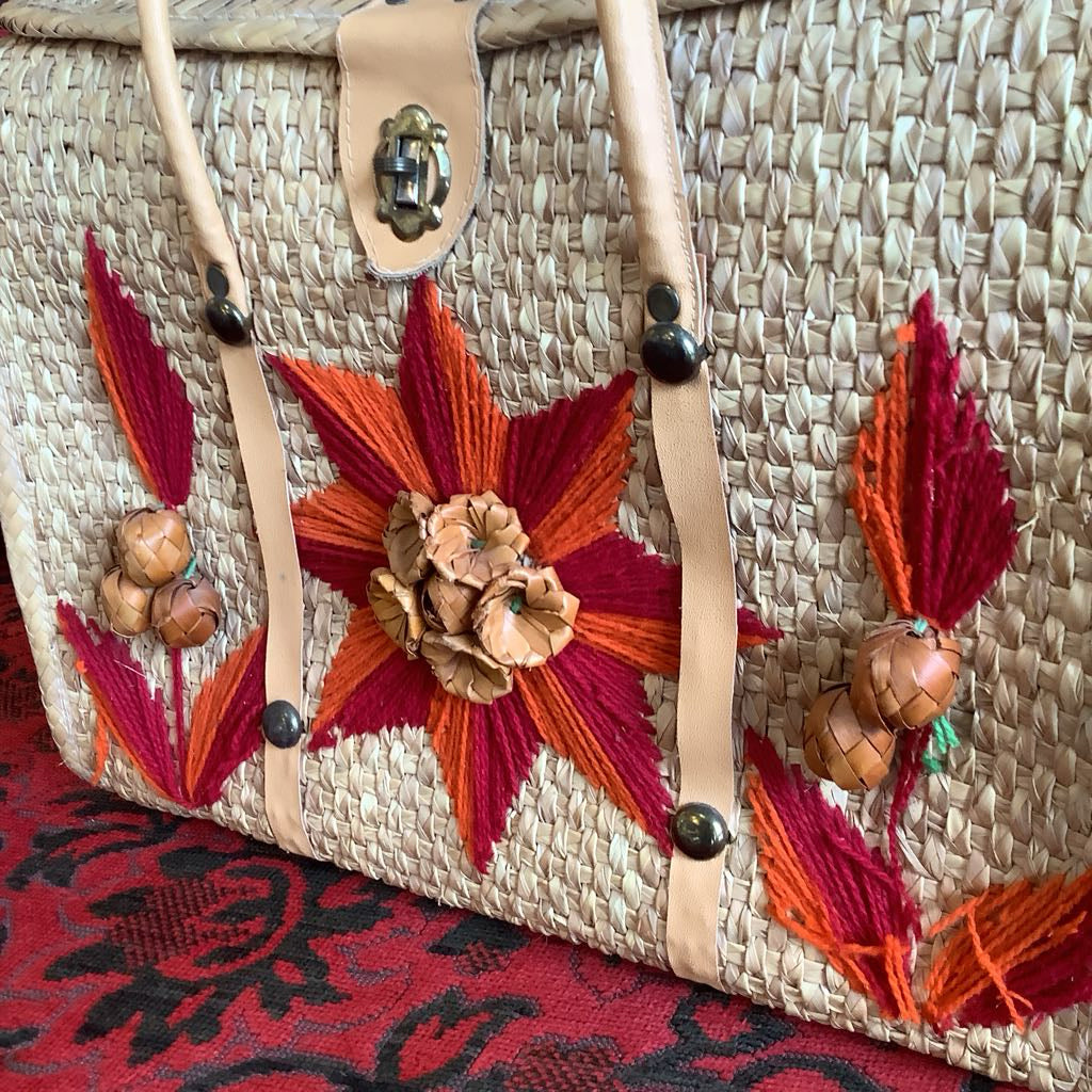 Amazing Vintage Large Straw Bag w Embellishment