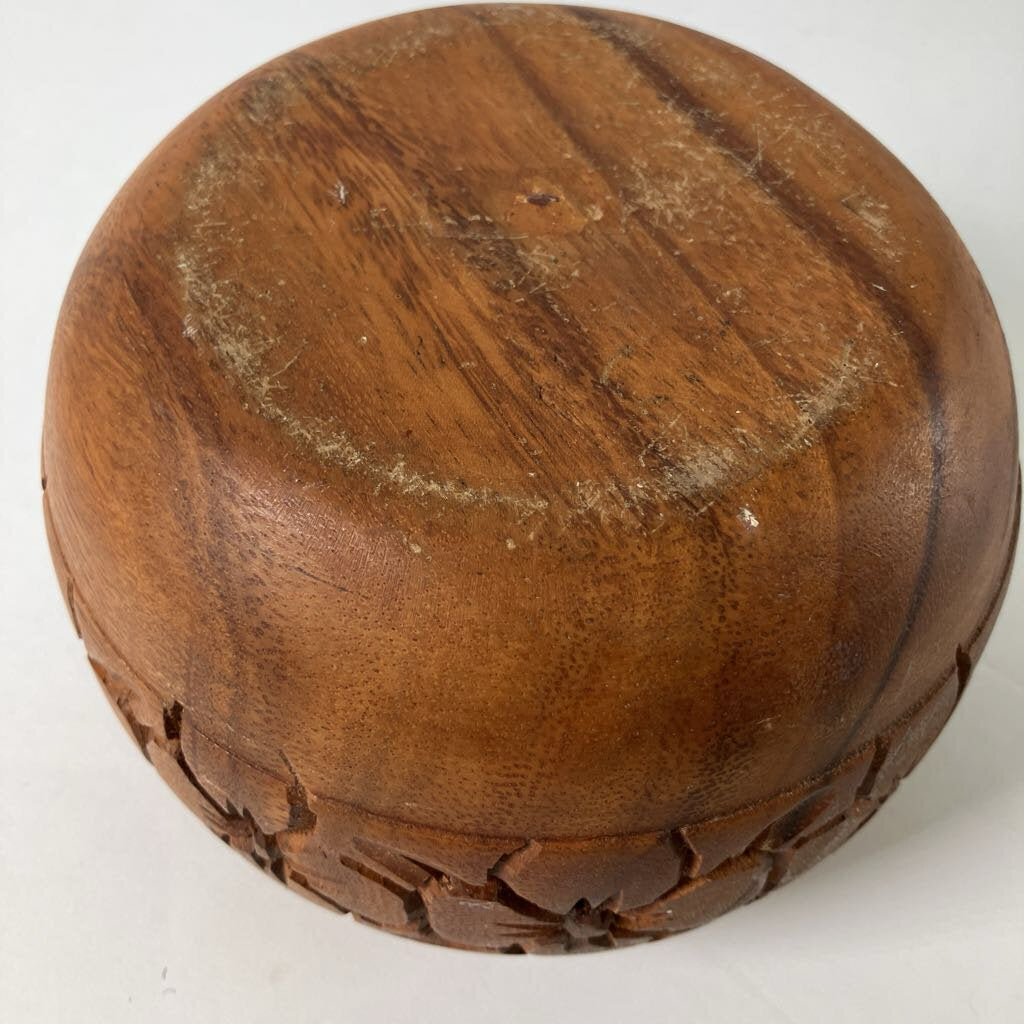 Vintage Round Wooden Bowl with Flowers