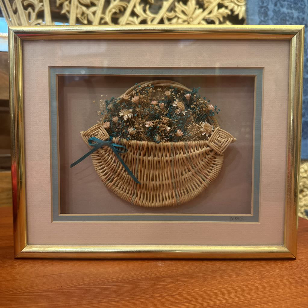Vintage 1989 Basket of Dried Flowers in Frame