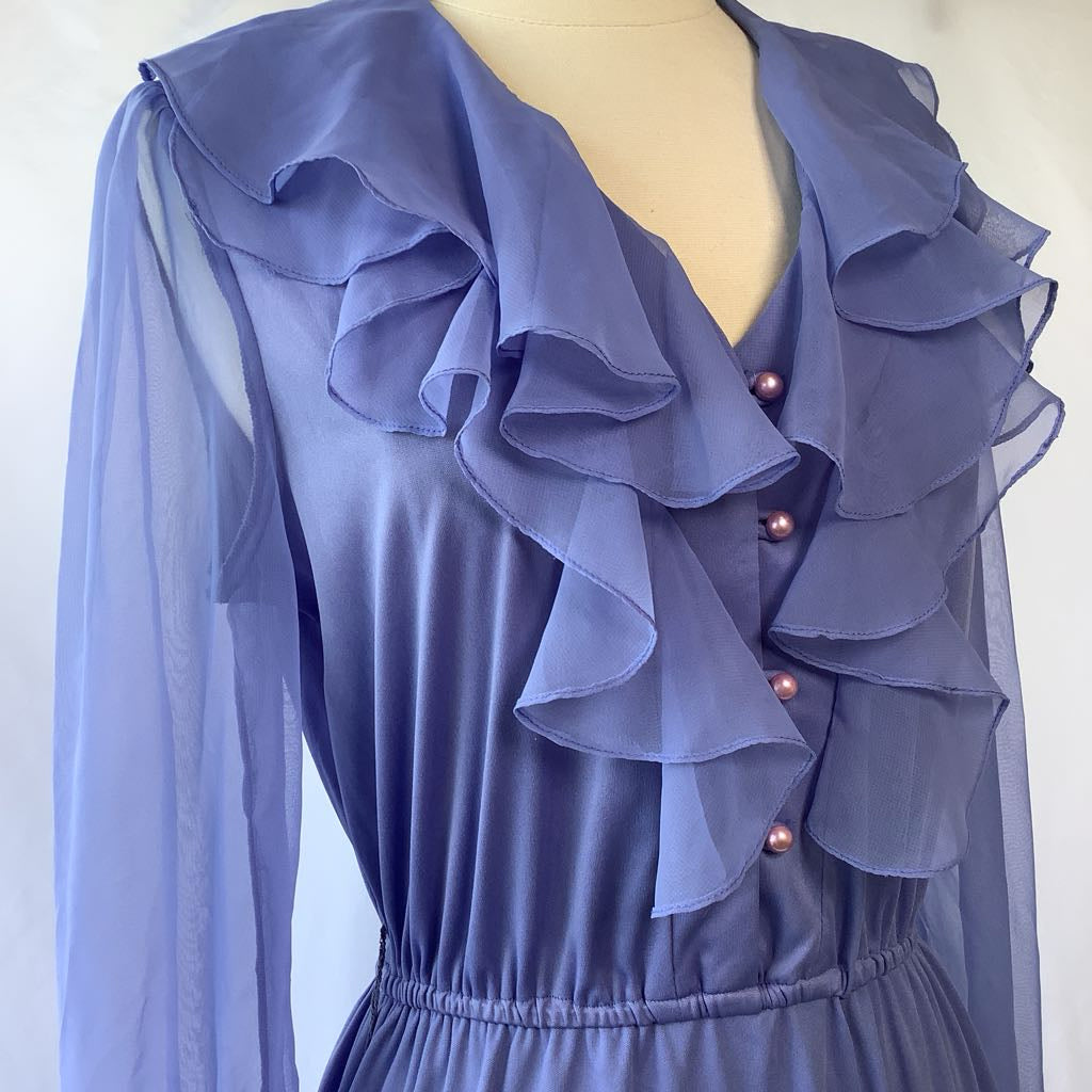 1980s Lilac Ruffle Day Dress w/ Sheer Sleeves