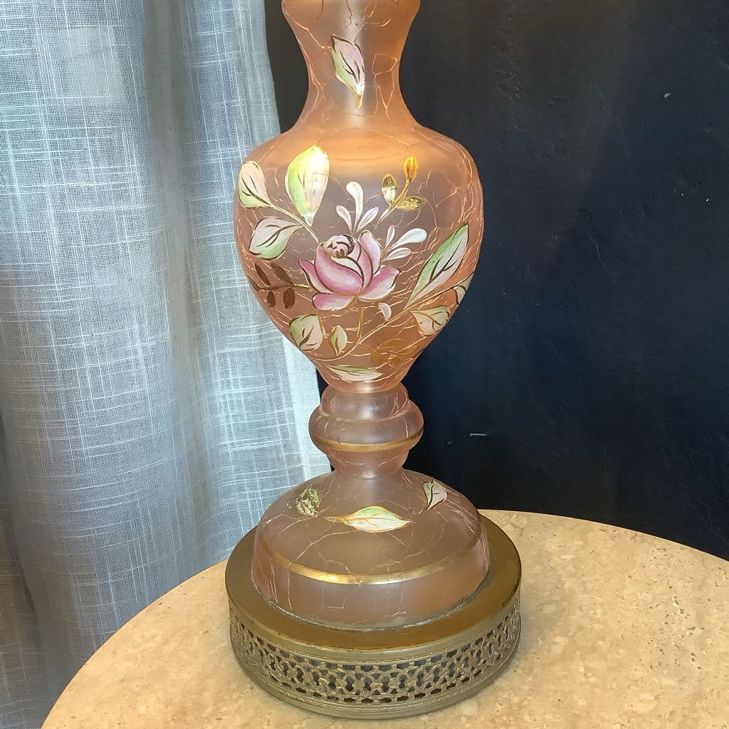 Vintage Pink Glass Lamp with Flowers