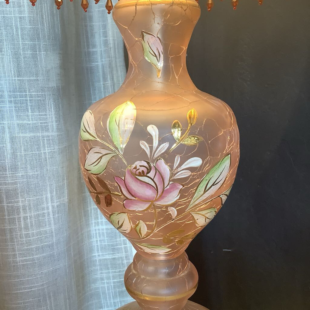 Vintage Pink Glass Lamp with Flowers