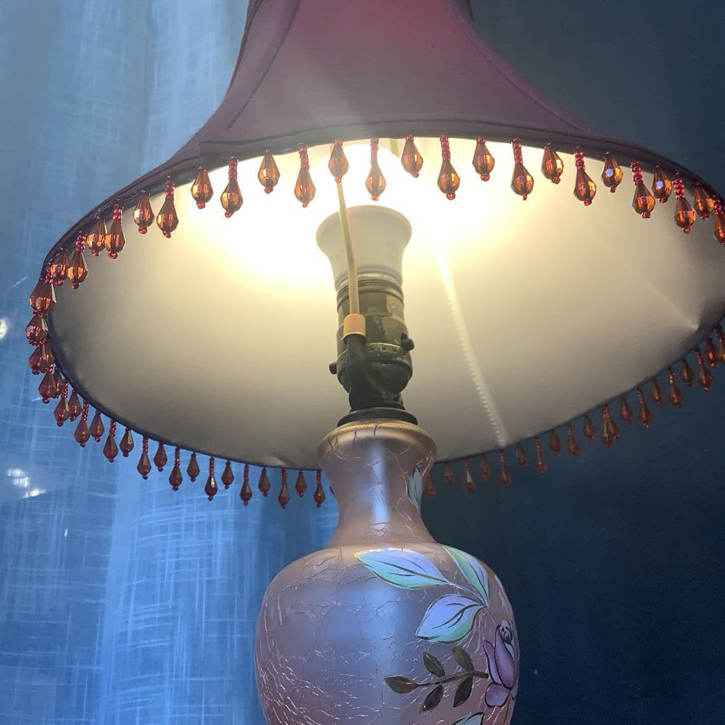 Vintage Pink Glass Lamp with Flowers
