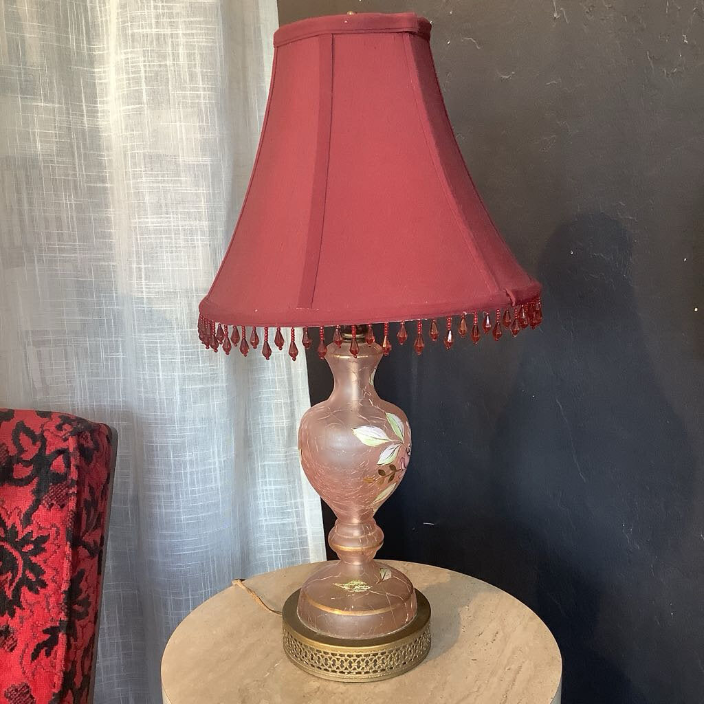 Vintage Pink Glass Lamp with Flowers