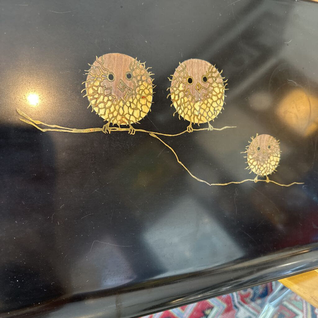 Mid Century 1960s Inlaid Brass & Wood Couroc Tray w/ 3 Spiny Owls