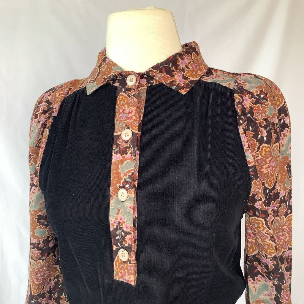 70s Corduroy Floral Midi Dress