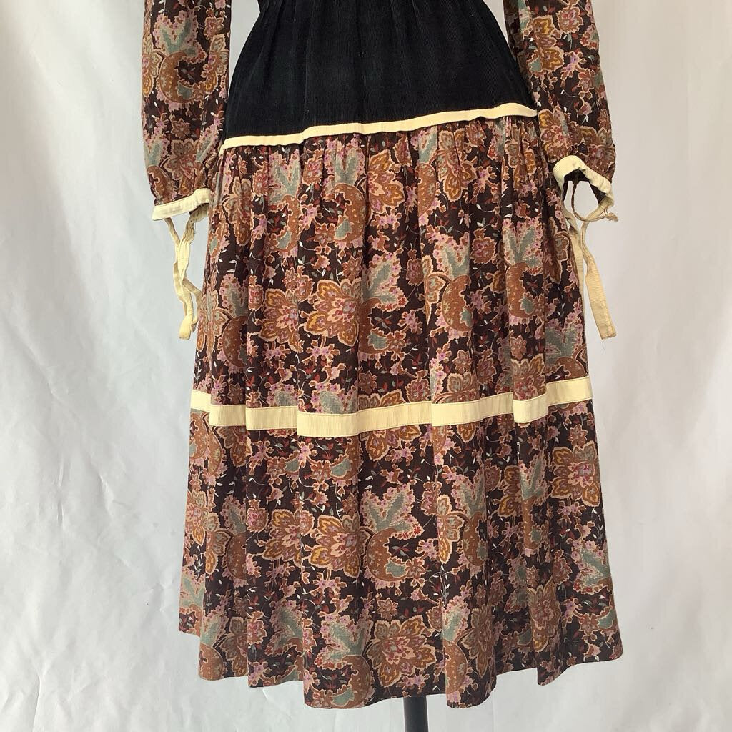 70s Corduroy Floral Midi Dress