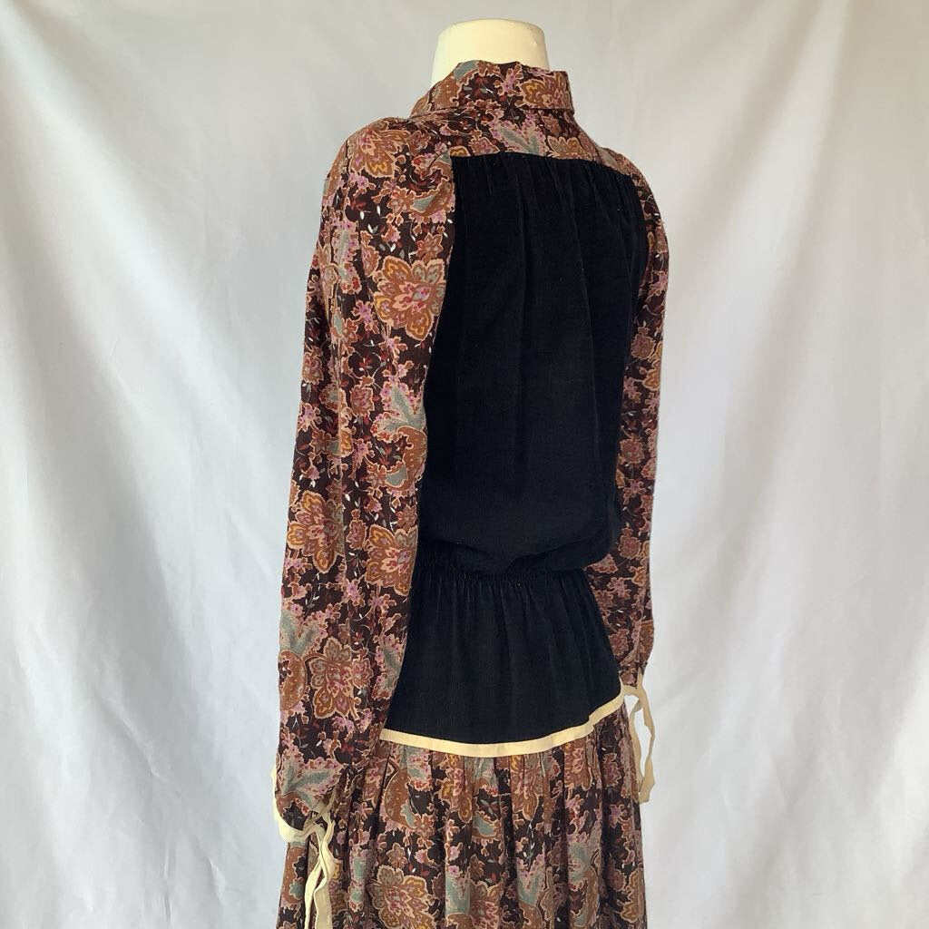 70s Corduroy Floral Midi Dress