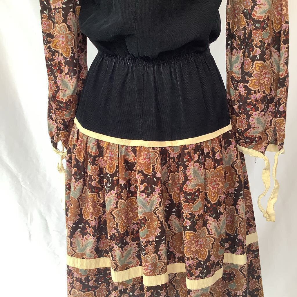 70s Corduroy Floral Midi Dress
