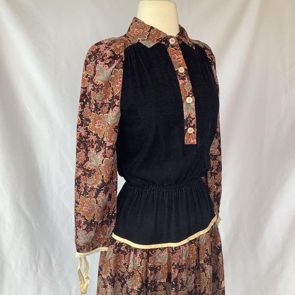 70s Corduroy Floral Midi Dress