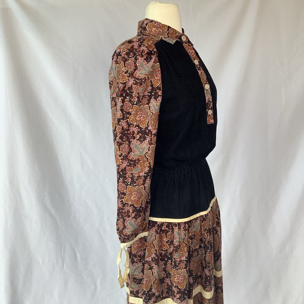 70s Corduroy Floral Midi Dress