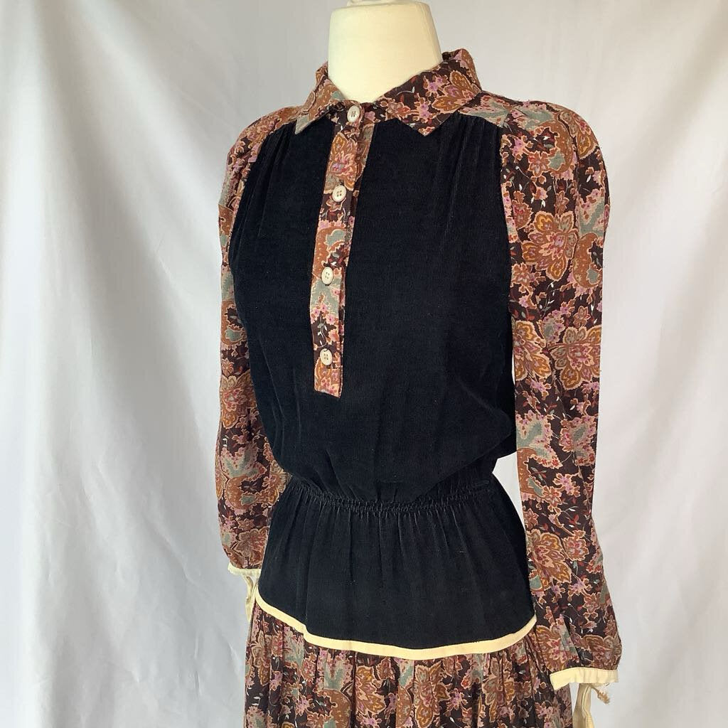 70s Corduroy Floral Midi Dress