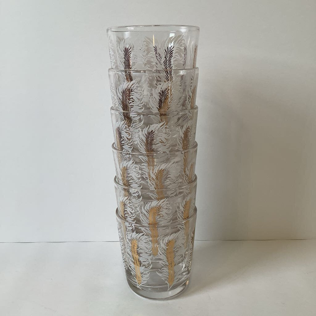 Vintage Mid Century Modern Feather & Goldtone Lowball Glasses