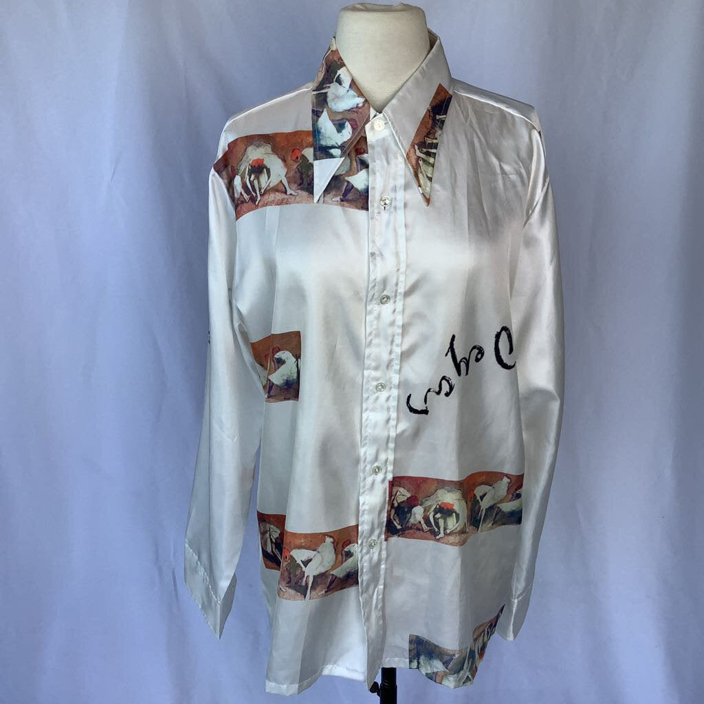 1970s Dagger Collar Degas Novelty Print Button Up
