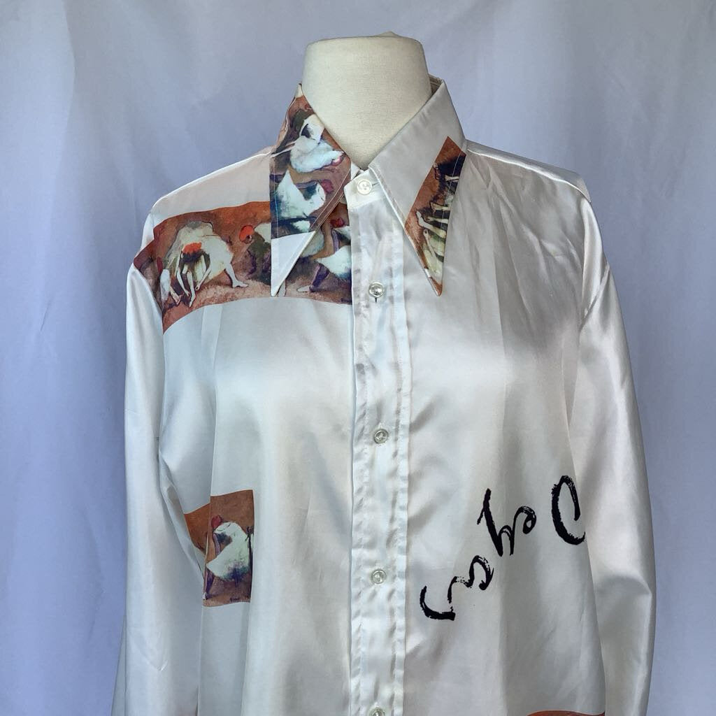1970s Dagger Collar Degas Novelty Print Button Up
