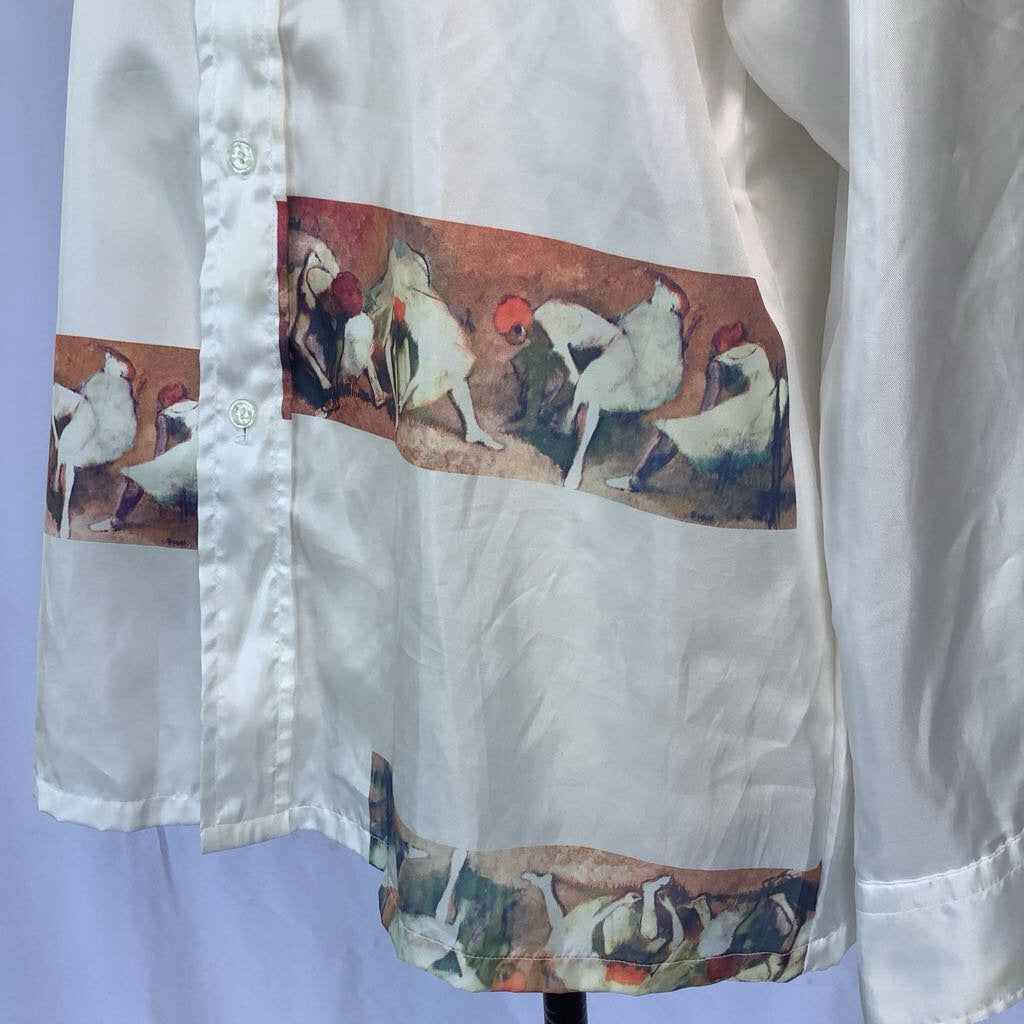 1970s Dagger Collar Degas Novelty Print Button Up