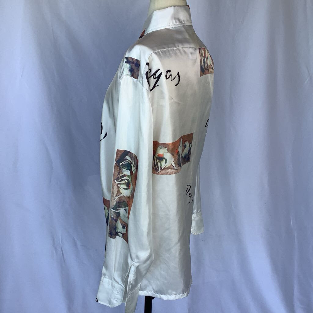 1970s Dagger Collar Degas Novelty Print Button Up