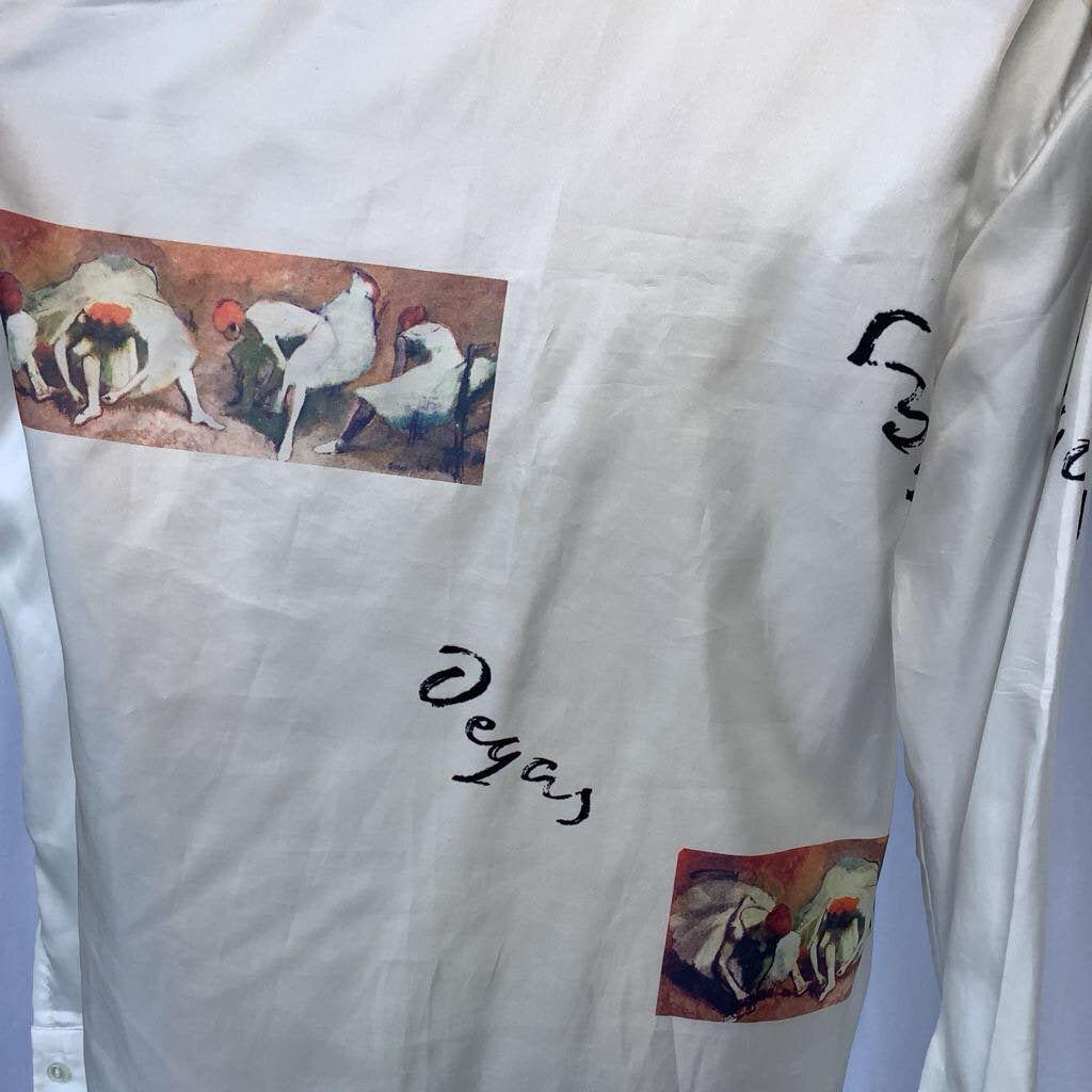 1970s Dagger Collar Degas Novelty Print Button Up