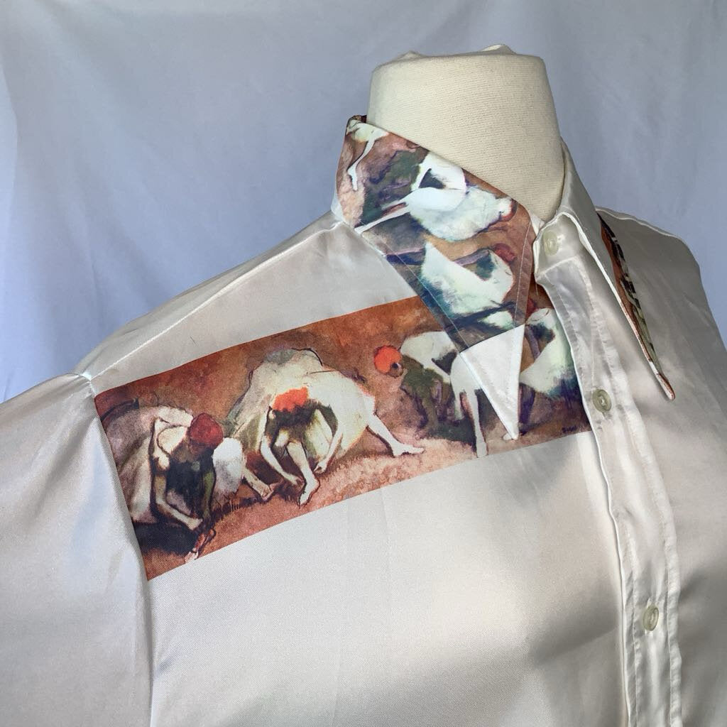 1970s Dagger Collar Degas Novelty Print Button Up