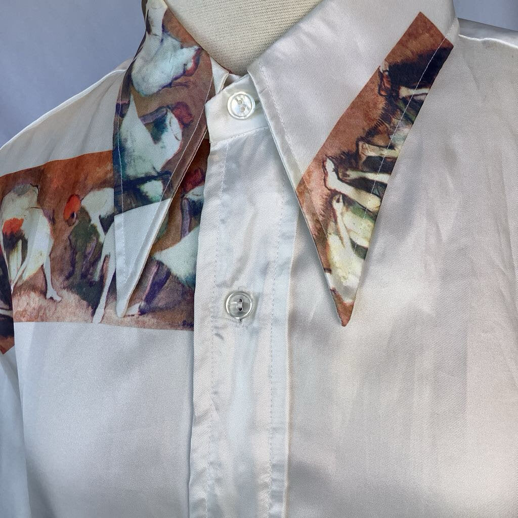 1970s Dagger Collar Degas Novelty Print Button Up