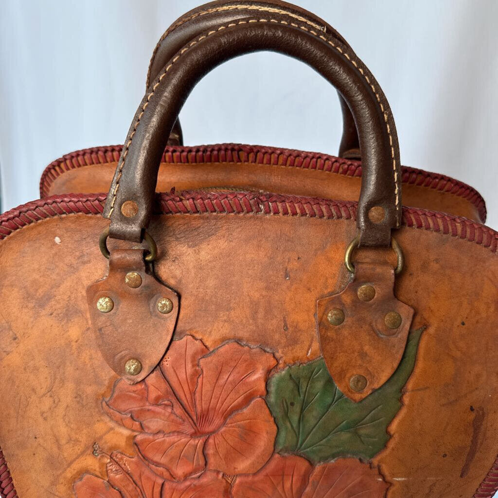 40s 50s Tooled Leather Bowling Bag