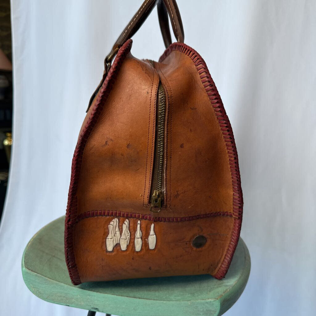 40s 50s Tooled Leather Bowling Bag