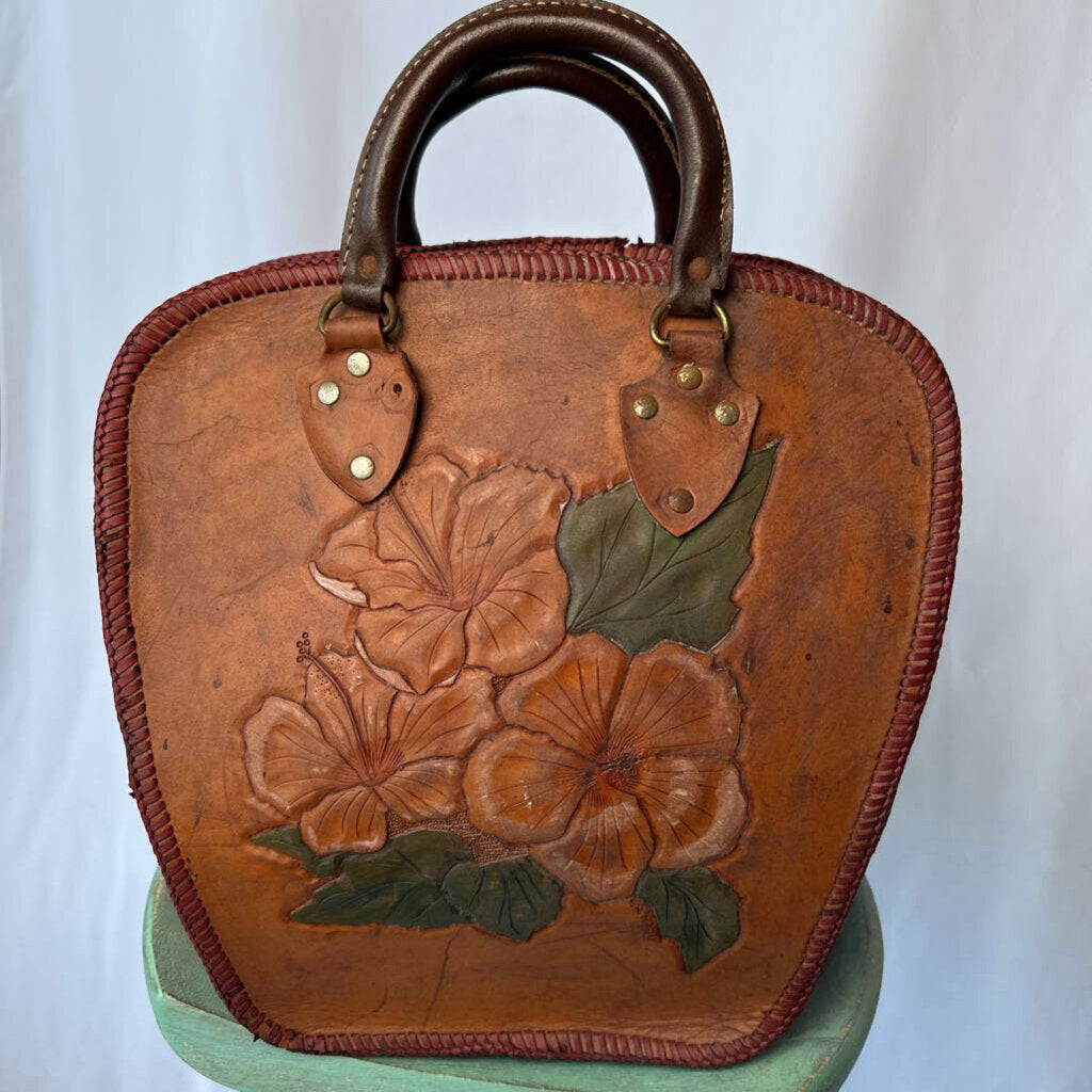 40s 50s Tooled Leather Bowling Bag