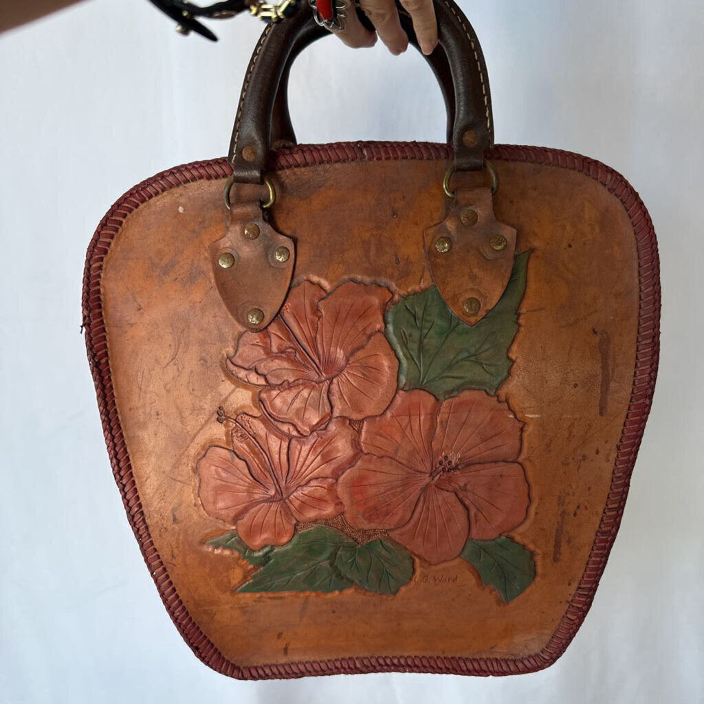 40s 50s Tooled Leather Bowling Bag