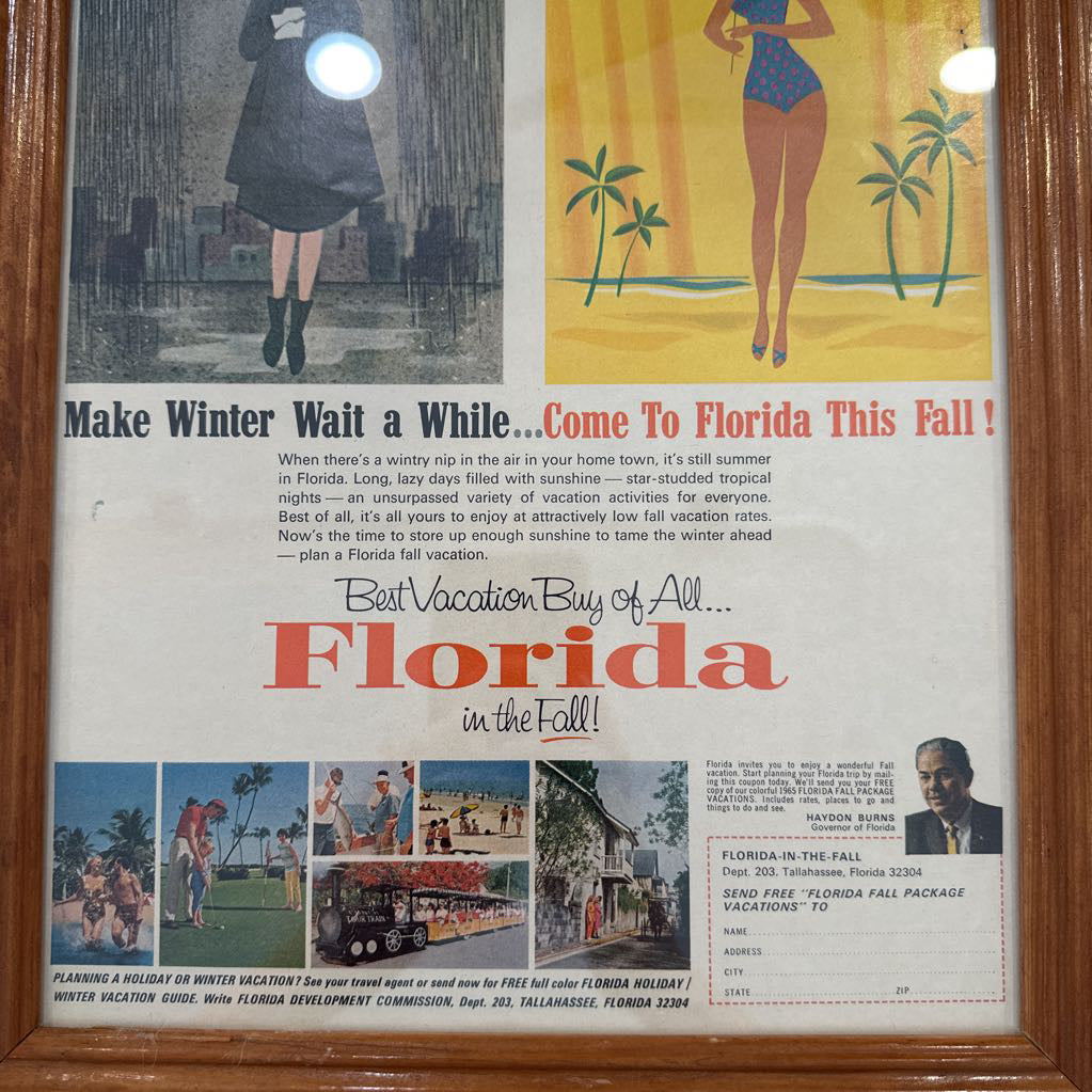 1965 Framed Florida Vacation in the Fall Original Ad