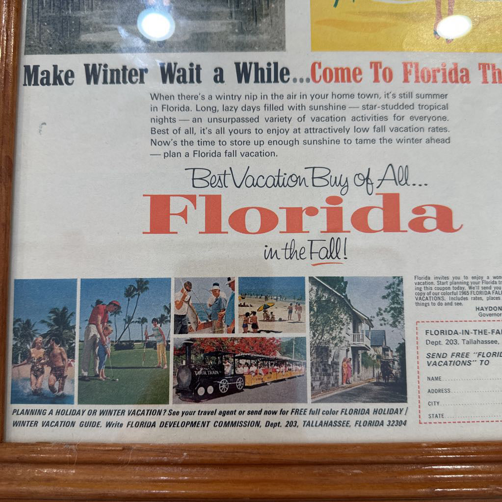 1965 Framed Florida Vacation in the Fall Original Ad