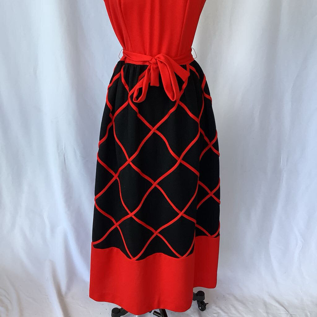 60s 70s Striking Red and Black Maxi Dress