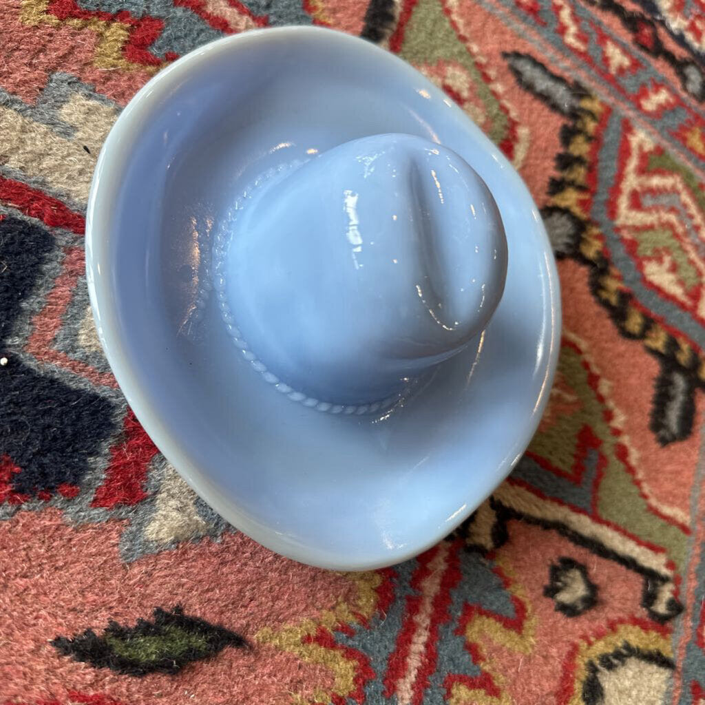 Vintage Jeannette Blue Glass Cowboy Hat Western Coin Trinket Dish Ashtray