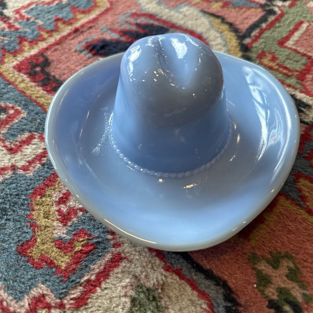 Vintage Jeannette Blue Glass Cowboy Hat Western Coin Trinket Dish Ashtray