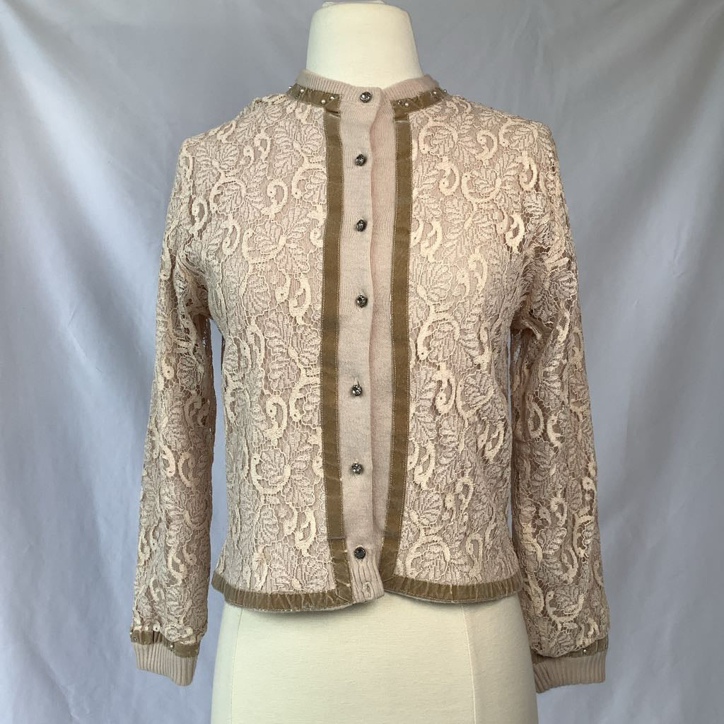 1960s Cardigan w/ Lace Overlay, Pearls, Rhinestones, Velvet & Glass Buttons