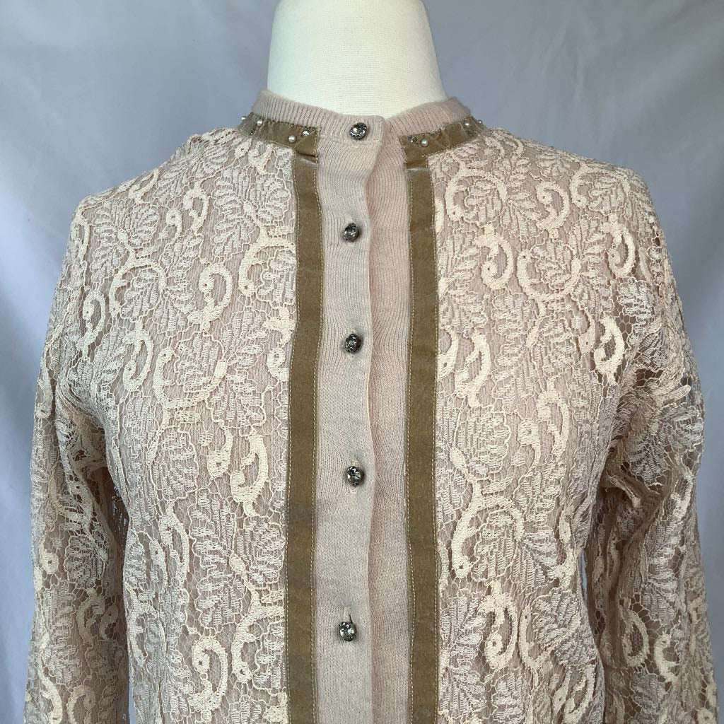 1960s Cardigan w/ Lace Overlay, Pearls, Rhinestones, Velvet & Glass Buttons
