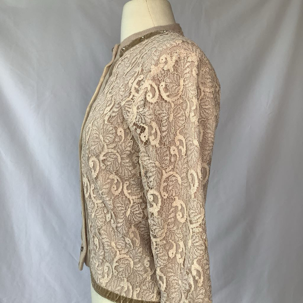 1960s Cardigan w/ Lace Overlay, Pearls, Rhinestones, Velvet & Glass Buttons