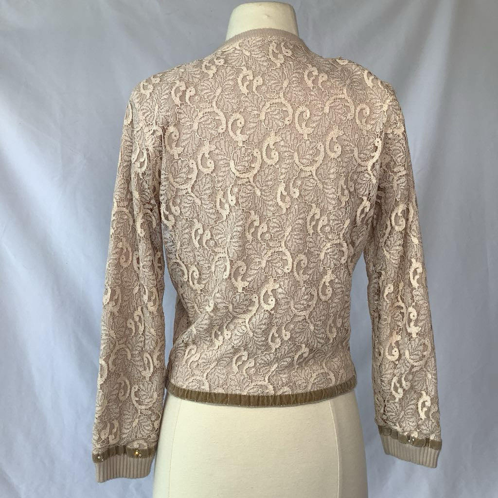 1960s Cardigan w/ Lace Overlay, Pearls, Rhinestones, Velvet & Glass Buttons