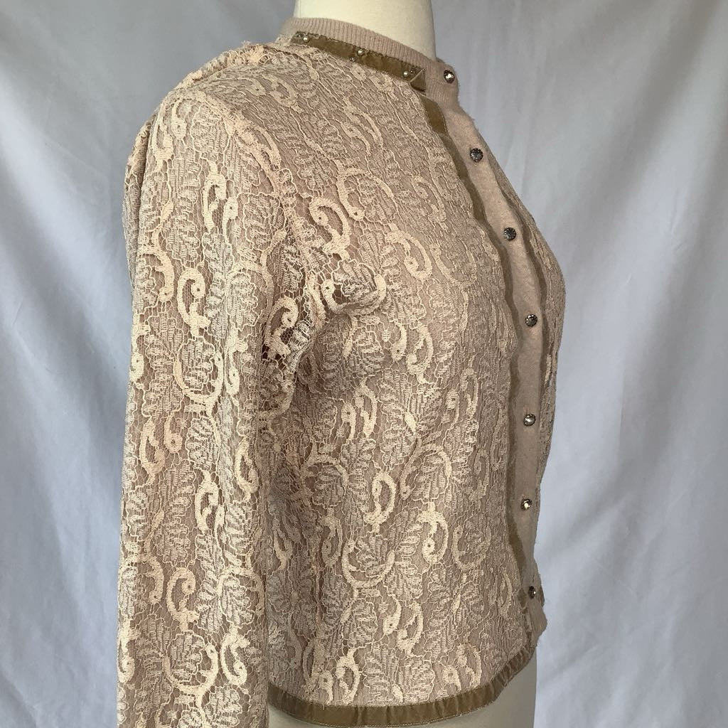 1960s Cardigan w/ Lace Overlay, Pearls, Rhinestones, Velvet & Glass Buttons