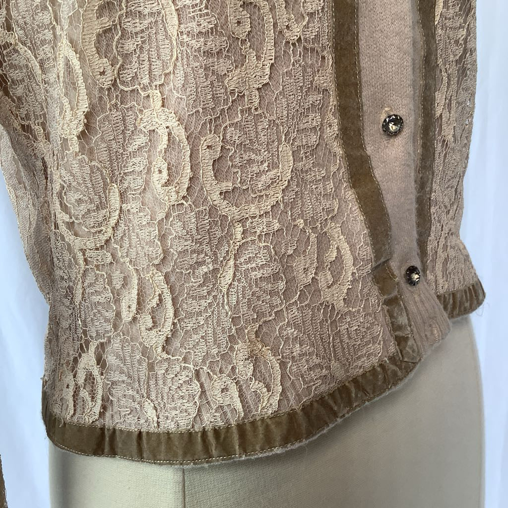 1960s Cardigan w/ Lace Overlay, Pearls, Rhinestones, Velvet & Glass Buttons