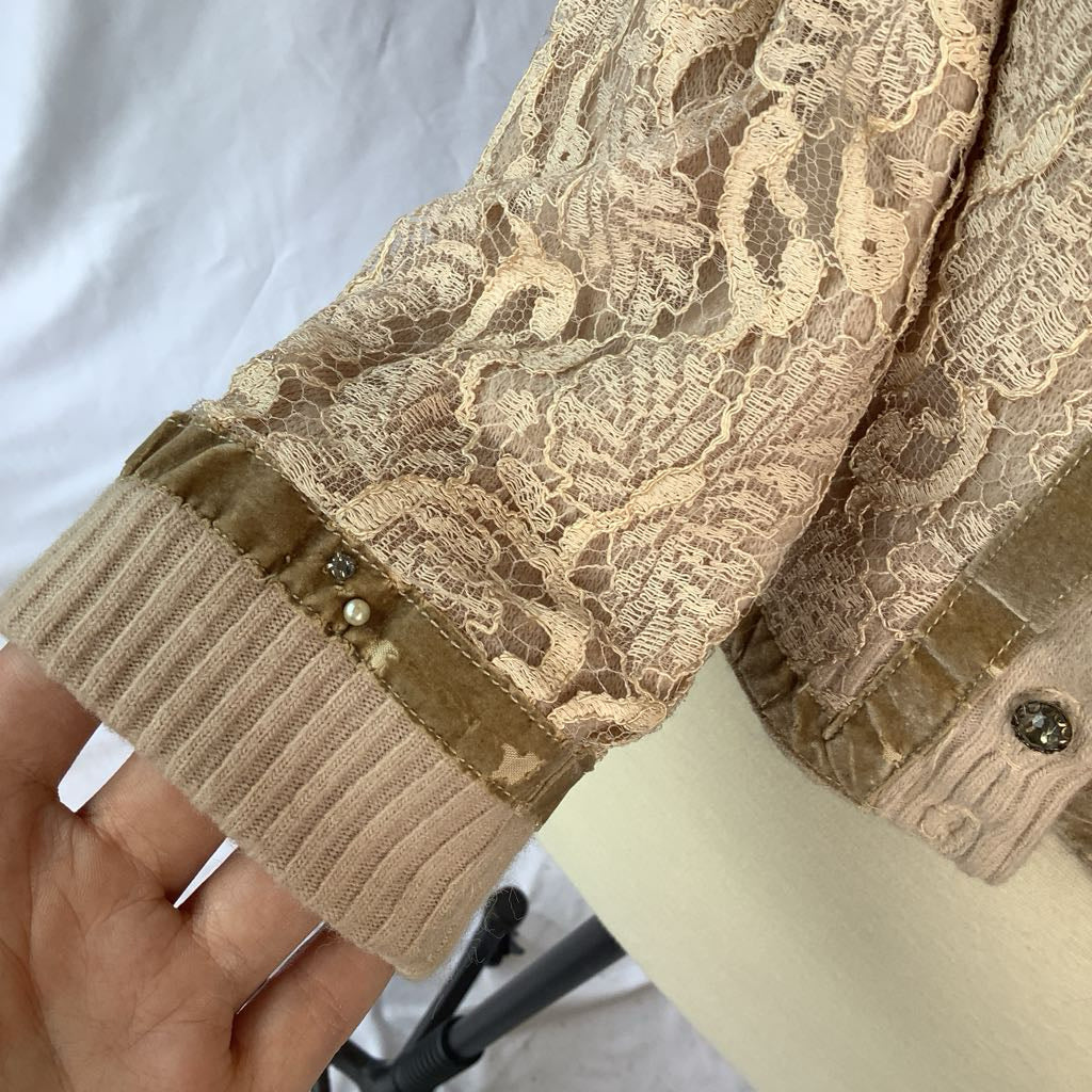 1960s Cardigan w/ Lace Overlay, Pearls, Rhinestones, Velvet & Glass Buttons