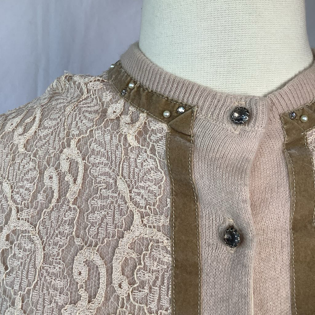 1960s Cardigan w/ Lace Overlay, Pearls, Rhinestones, Velvet & Glass Buttons