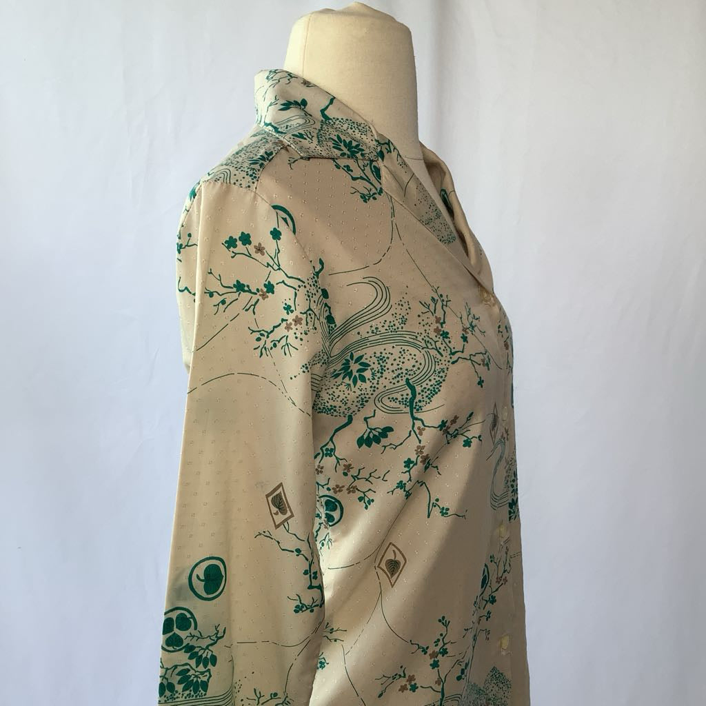 1970s Cream and Green Nature Print Blouse
