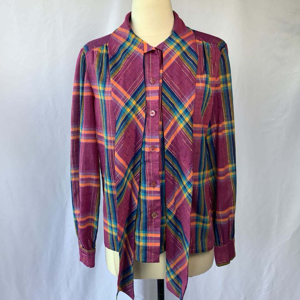 1970s Purple Plaid Button w/ Metal Thread & Neck Tie