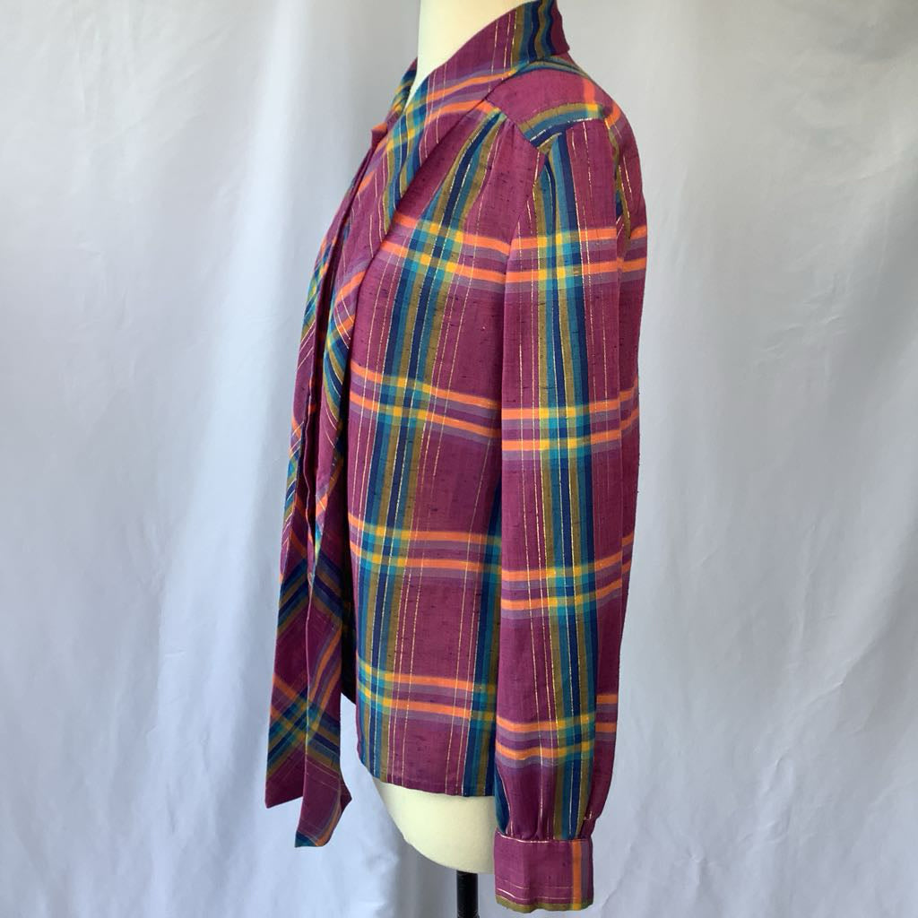 1970s Purple Plaid Button w/ Metal Thread & Neck Tie